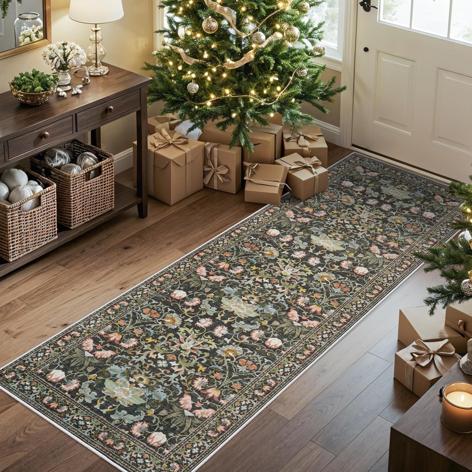 Skiennix Vintage Floral Hallway Runner Rug - Washable, Non-Slip, Water Resistant | 2x6 Green Soft Carpet for Living Room, Bedroom, Bathroom