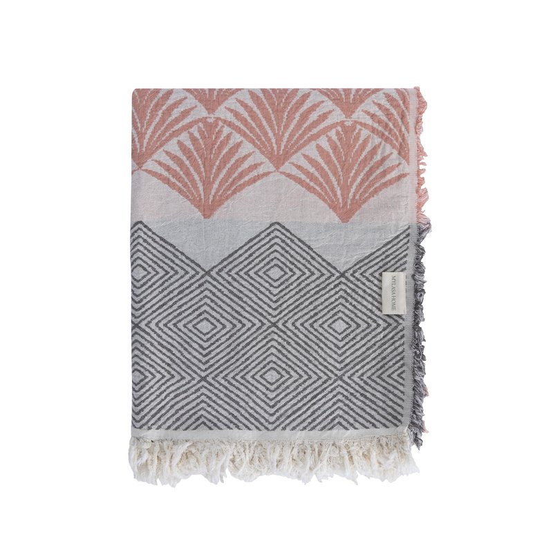 MylasaHome Premium Cotton Throw Blankets – 70x50 Inch, Fabric with Elegant Geometric Pattern – Perfect for Living Room, Bedroom and Home Decor (Peach)