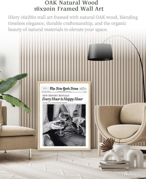 iHery Framed Newspaper Wall Art - Trendy Retro New York Prints | Natural Oak Wood, 16x20in for Bedroom & Dorm