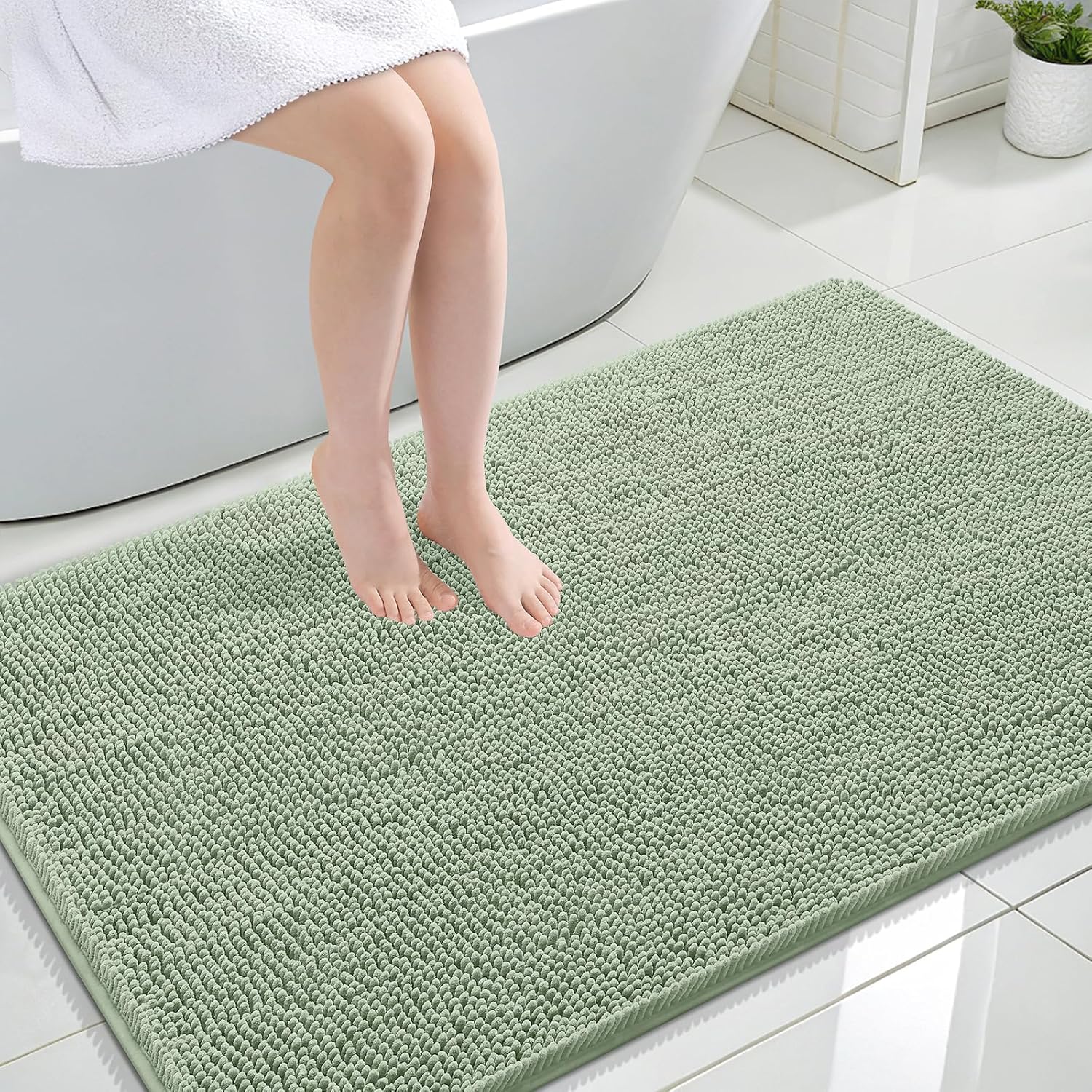 OLANLY Large Bathroom Rugs - Extra Soft Chenille Bath Mats with Rubber Backing | Quick Dry, Sage Green 44x32