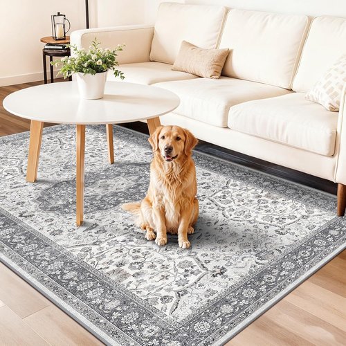 **Regine Switzerland Washable Runner Rug - Stain Resistant Oriental Design | 4x8 Feet, Grey for Entryway & Kitchen**