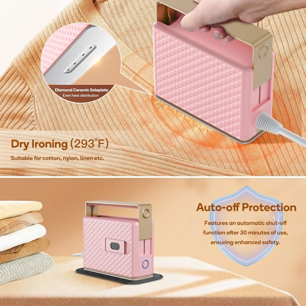 Newbealer Travel Steam Iron - Handheld Steamer with Non-Stick Ceramic Soleplate | Global Voltage, Pink