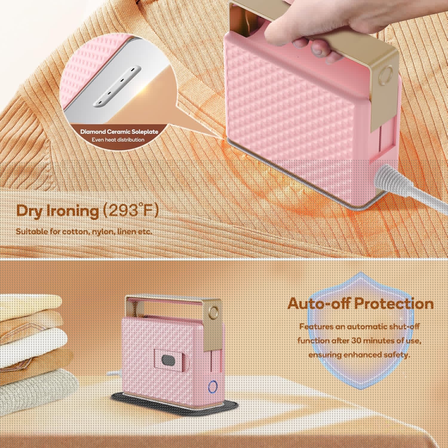 Newbealer Travel Steam Iron - Handheld Steamer with Non-Stick Ceramic Soleplate | Global Voltage, Pink