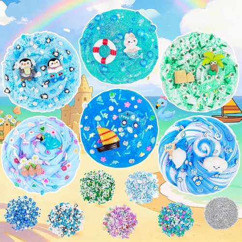 LAWOHO Blue Ocean Slime Kit - 6 Pack Clear Butter Cloud Slime for Kids Ages 8-12 | Perfect Party Favors & Gifts