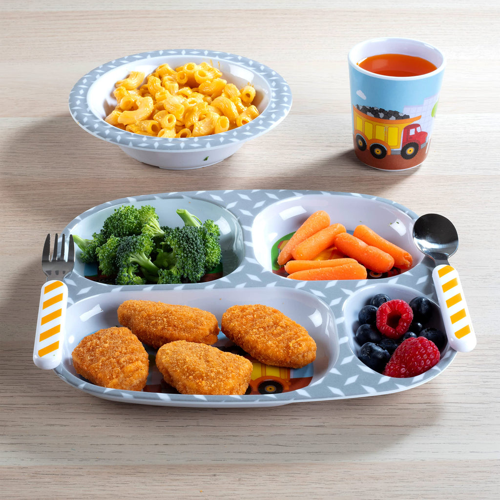 Bentology 5-Piece Construction Theme Mealtime Set - Includes Plate, Bowl, Utensils, and Glass - Dishwasher Safe, BPA Free, Cute Compartment Dish for Easy Self-Feeding