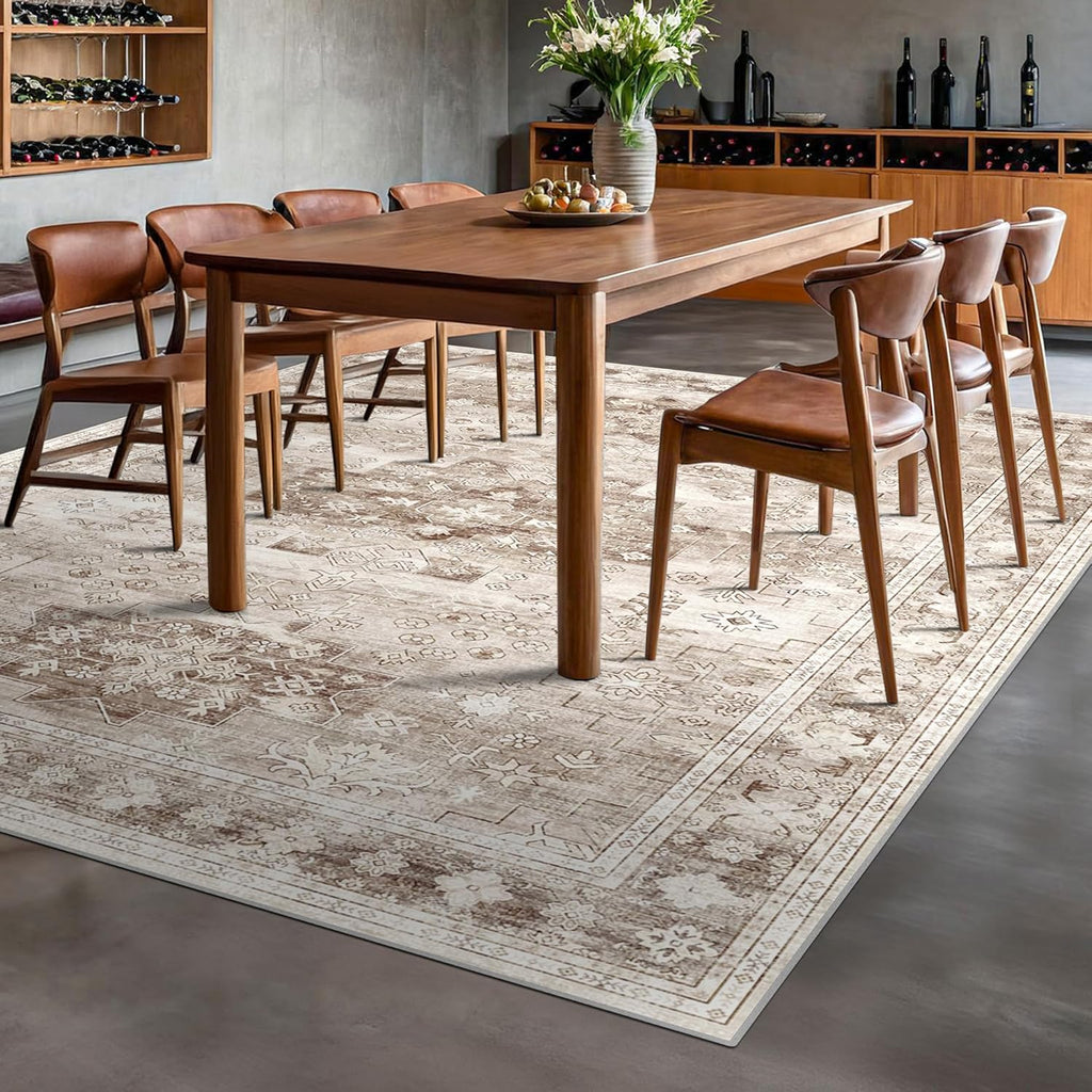 Regine Switzerland Washable Farmhouse Living Room Rug - 9x12 Large Boho Vintage Non-Slip Carpet in Beige/Latte