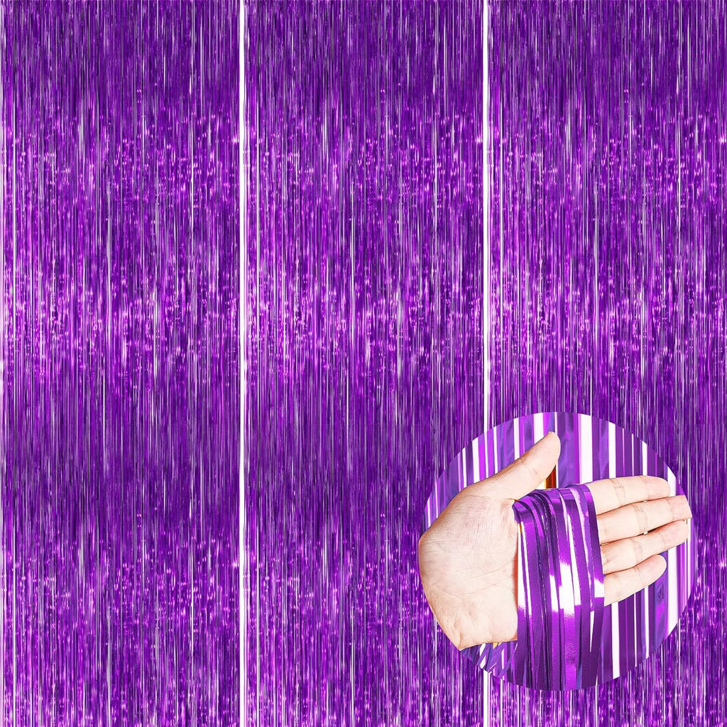 PartyWoo Foil Fringe Curtain - 3pcs 8.2ft Metallic Tinsel Lavender Backdrop for Celebrations