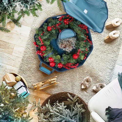 Hearth & Harbor Wreath Storage Organizer Box - Premium Hard Shell Christmas Bag with Dual Zipper & Pockets | 30" Blue