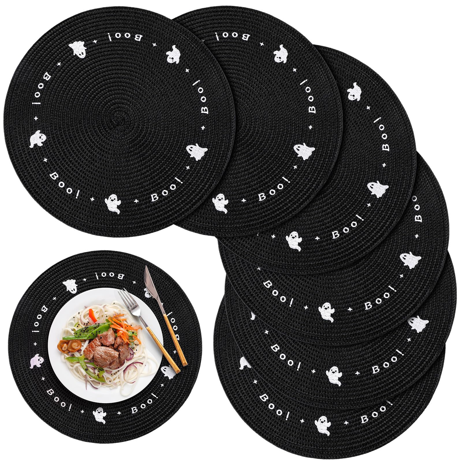 Tioncy 6 Pcs Plastic Halloween Placemats Round Embroidered Ghost Place Mats 13.5 Inch Black Spooky Ghosts Dinner Washable Table Mats Kitchen Dining Waterproof Placemats for Halloween Party Decoration