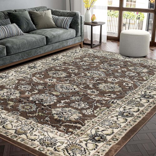 SUPERIOR Elegant Lille Collection Area Rug, 8mm Pile Height with Jute Backing, Beautiful Chic Bordered Rug Design, Anti-Static, Water-Repellent Rugs - 4ft x 6ft , Brown