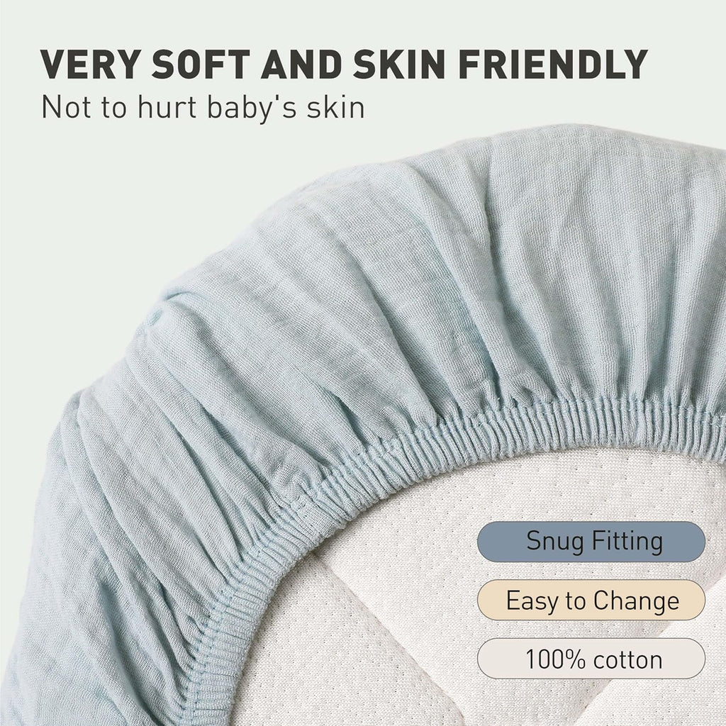 Skiennix Muslin Bassinet Fitted Sheets - Soft, Breathable Cotton Baby Mattress Set | 360° Elastic Fit, Universal Design