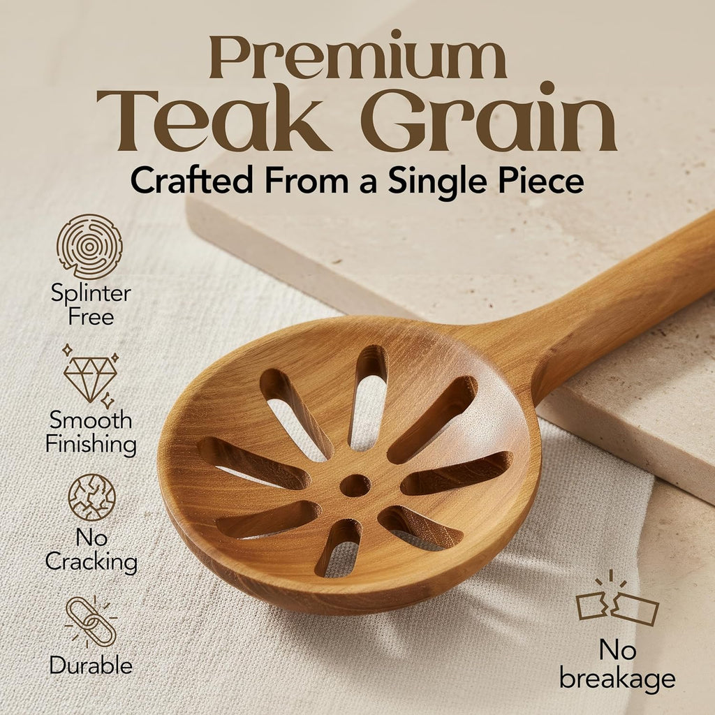 Skiennix 8-Piece Teak Wooden Cooking Spoons Set | Smooth-Sanded Utensils with Comfortable Grip Handles