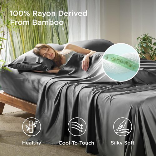 Bedsure Cooling Bed Sheets - Soft Rayon from Bamboo | Breathable Deep Pocket Full Size Bedding, Grey