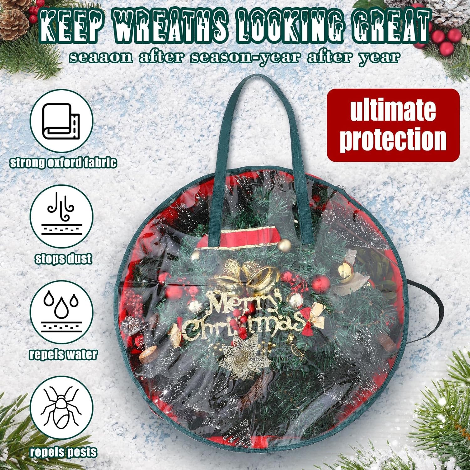 Shappy Wreath Storage Bag - 4 Pcs Red Clear Window Containers with Handles | 36 Inch Holiday Garland