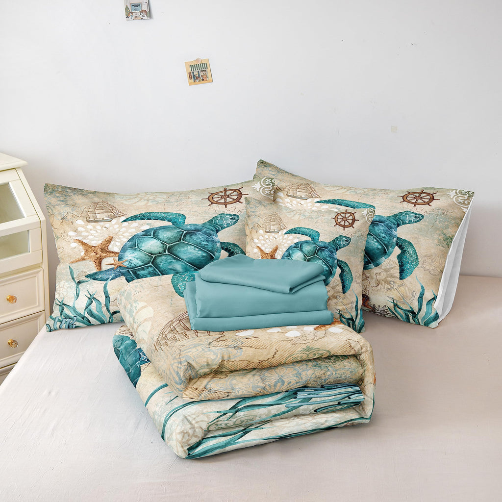 Merryword 8 Pieces Blue Green Comforter Set Full Size Ocean Life Bed in a Bag Turtle Beach Bedding Set Hawaii Style Summer Lightweight Bedding Comforter Set