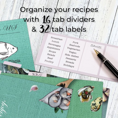 CraftSaints Recipe Binder 8.5x11, 3 Ring DIY Cookbook Kit 16 Dividers & 50 Plastic Sleeves & 36 Labels, Organizer Book Kit (Seafood)