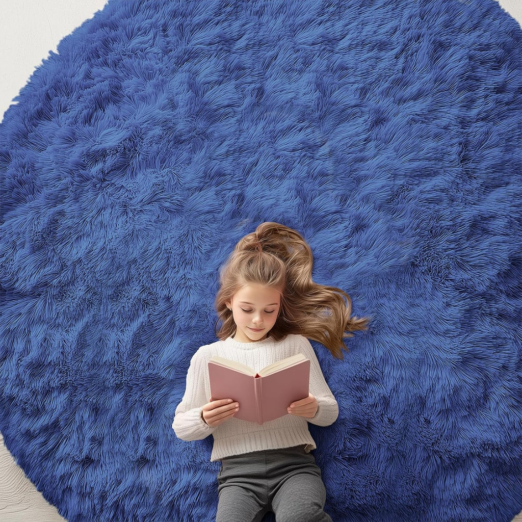 OLANLY Round Navy Blue Area Rug - Soft, Fluffy, Machine Washable 8 ft Circle Carpet for Bedroom & Living Room