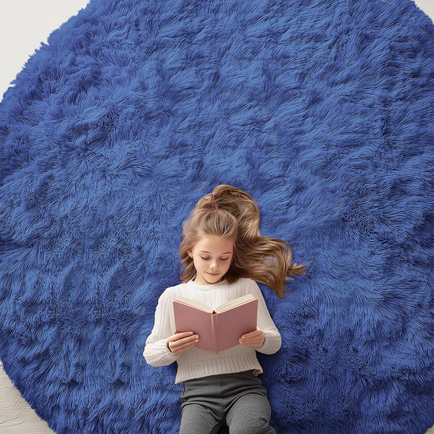 OLANLY Round Navy Blue Area Rug - Soft, Fluffy, Machine Washable 8 ft Circle Carpet for Bedroom & Living Room