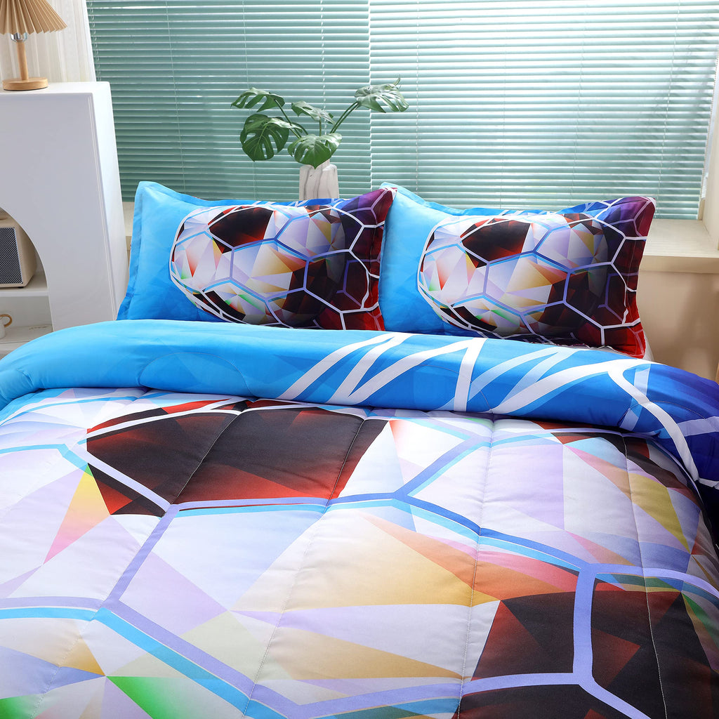 Suncloris 3D Football Comforter Set for Boys, Queen Size Sports Bedding Comforter Soccer Themed Bedding Comforter with 2 Football Patterned Pillowcases - 90"x90" (Queen, 01)