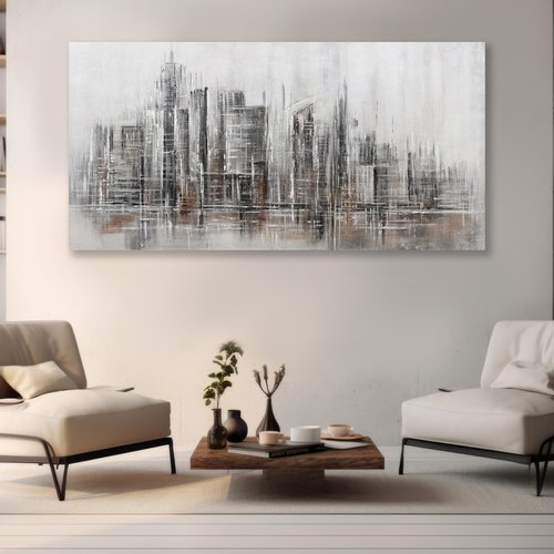 Abstract Wall Art Modern Art Wall Decor Canvas Printed Matter Gray Brown Abstract City Reflection Framed Artwork Canvas Painting for Living Room Bedroom Office Home Decor 24x48 Inch