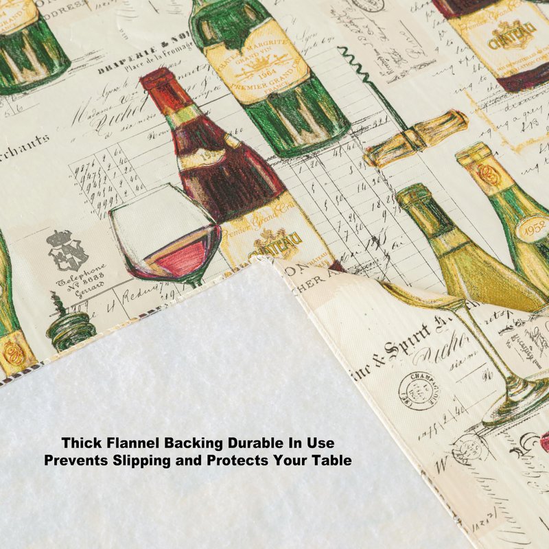 Newbridge Wine Tasting Vinyl Flannel Backed Tablecloth, French Wine Bottles and London Spirits Print, Easy Care Wipe Clean Indoor Outdoor Table Cover, 70 Inch Round