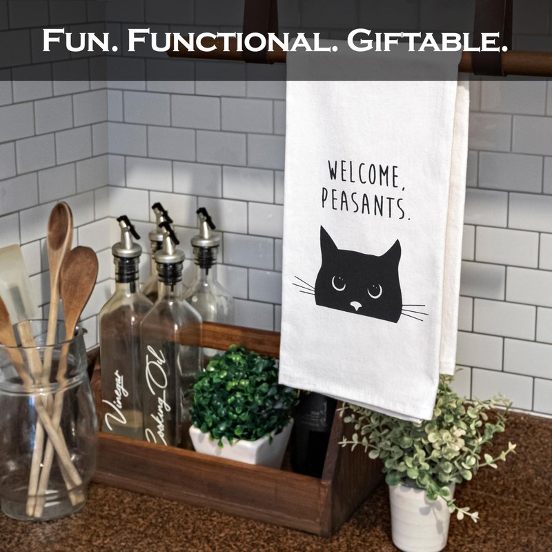 MAINEVENT Welcome Peasants Cat Kitchen Towel 18x24 Inch, Funny Feline Dish Towel, Black Cat Towel for Kitty-Lovers, Kitty-Themed Kitchen Accessories, Novelty Tea Décor