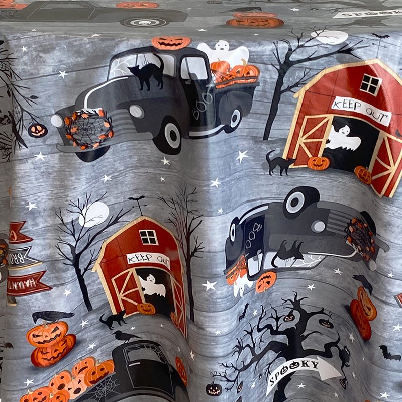 Newbridge 60 x 84 Inch Rectangle Haunted Halloween Rustic Ghost Farm Vinyl Tablecloth with Flannel Backing, Haunted Barn and Pumpkin Truck Farm Scene, Easy Care Wipe Clean Table Cover