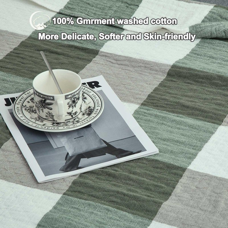 youlanhome Checkered Throw Blanket, Soft Cozy Reversible 4 Layer Pre-Washed Cotton Blankets Lightweight Breathable Queen Throw Blanket BOR All Season,Green Checkered, 60" X 80"
