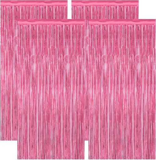 4 Pack Pink Birthday Backdrop - Metallic Happy Birthday Fringe Curtains | 3.28 FT x 7.05 FT
