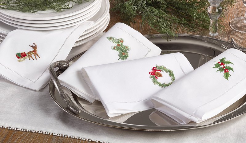 Handmade Festive Wreath Embroidery Napkin with Hemstitched Border (Set of 6)