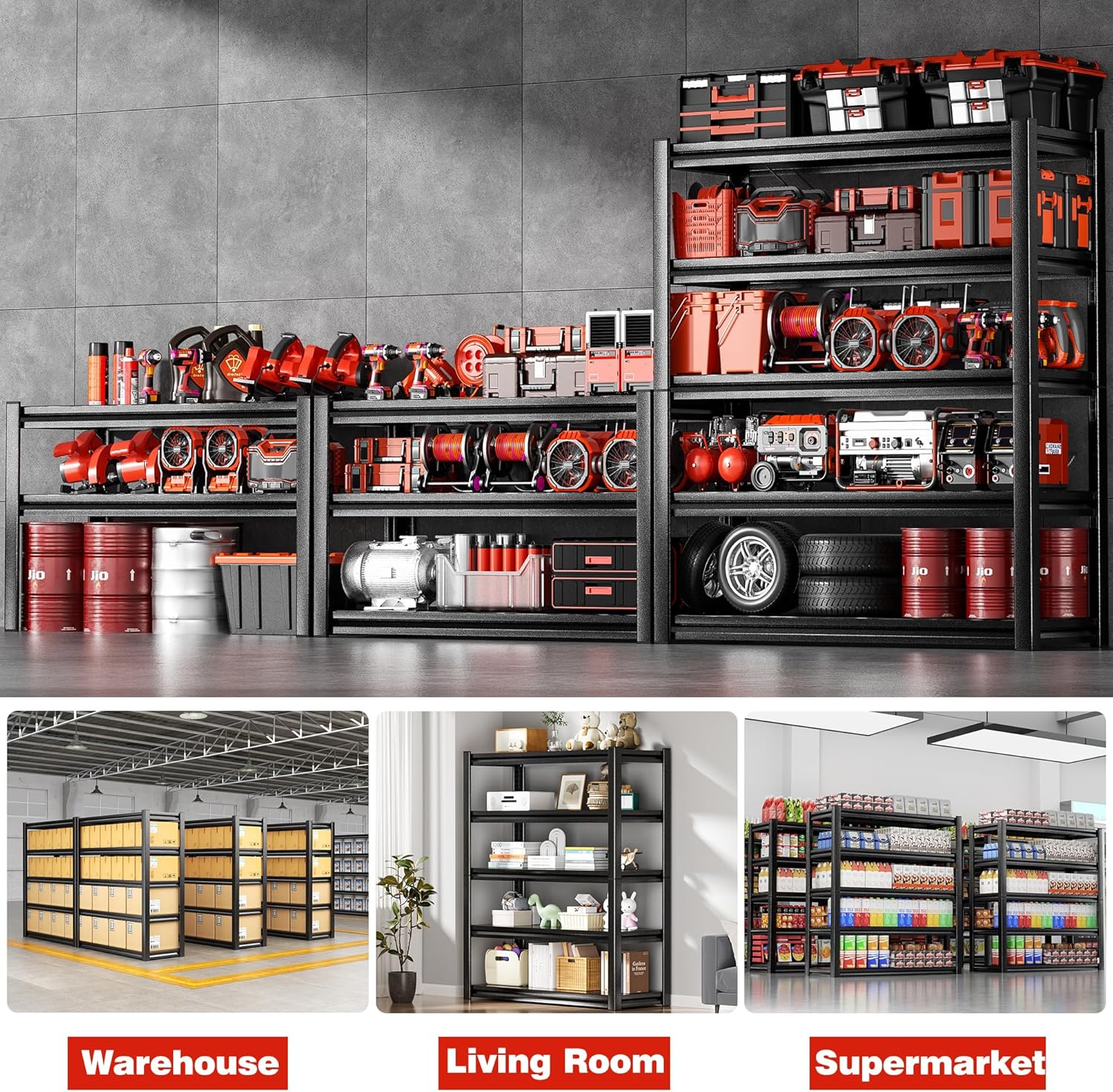 POKIPO Heavy Duty Garage Shelving - 72"H x 47.2"W x 23.6"D | 5-Tier Adjustable Metal Storage Rack, 3500LBS Capacity