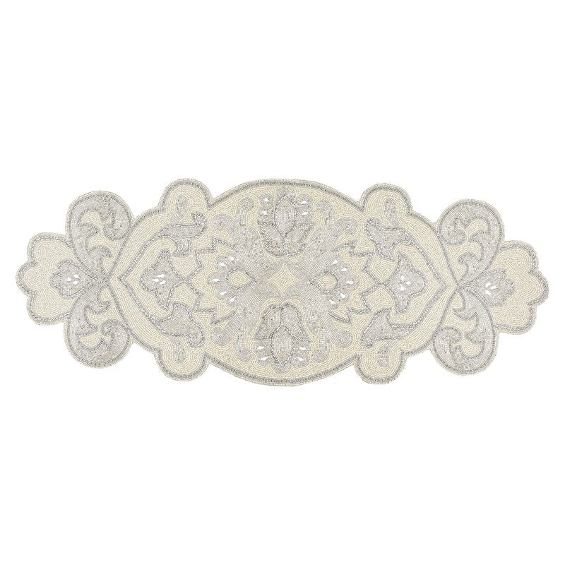 Homebia Designs Hand Beaded Decorative Farmhouse Glitz Table Runner for Wedding, Easter, Christmas Party Decorations - A Beautiful Complement to Your Dinner Table Décor-13x36 Inch- Silver Ivory
