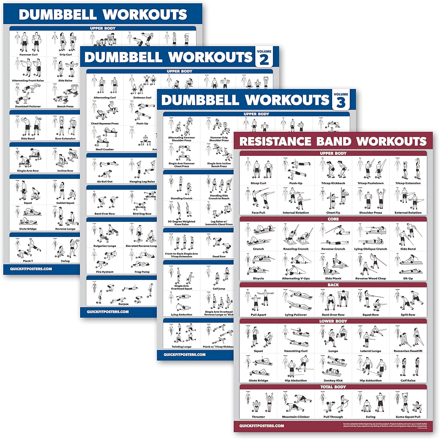 Palace Learning Dumbbell Workout Posters Set - 4-Pack with Resistance Bands Exercise Chart