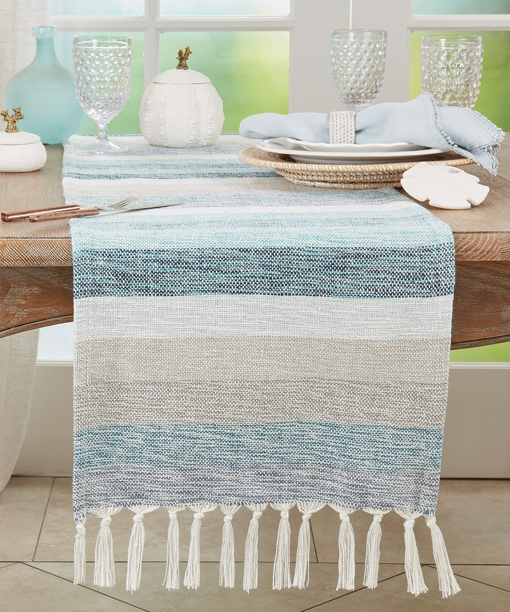 SARO LIFESTYLE Striped Table Runner with Fringe - Woven Cotton Blend Table Runner for Dining Table, Kitchen Table, Farmhouse and Rustic Home Décor, 16"x120", Aqua