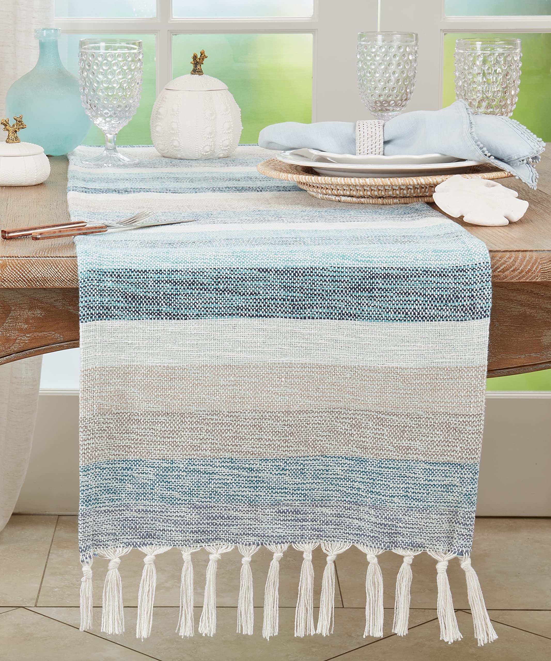 SARO LIFESTYLE Striped Table Runner with Fringe - Woven Cotton Blend Table Runner for Dining Table, Kitchen Table, Farmhouse and Rustic Home Décor, 16"x120", Aqua