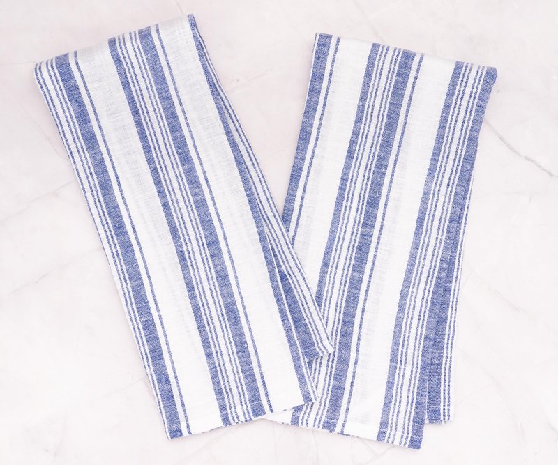 Linen Kitchen Towels, 100% Pure Linen Hand Towel (18 x 28 inches), French Striped Dish Towels for Kitchen, Farmhouse-Style Tea Towel for Washing Dishes, Striped Blue Towel Set of 2