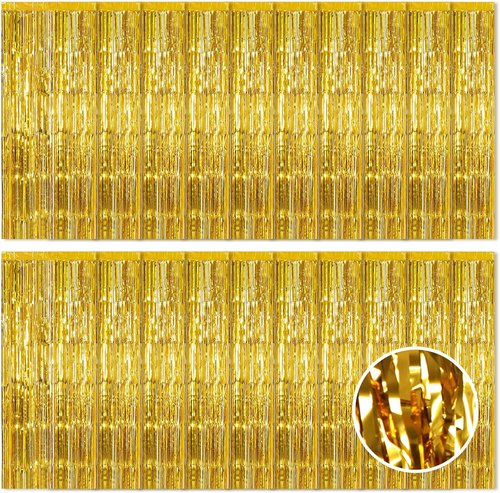 Gold Foil Curtain Backdrop by [Brand Name] - 20 Pack Metallic Tinsel Fringe Curtains | 3.2ft x 8.2ft for Birthday Party Decor