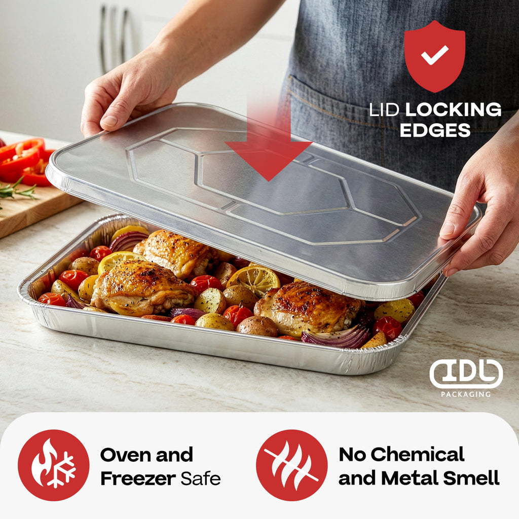 IDL Packaging Aluminum Foil Lids for Full Size Steam Table Pans - 21" x 13" (pack of 5) - Disposable Cover for Grill Pans - Oven & Freezer Safe - Durable Top for Foil Pan