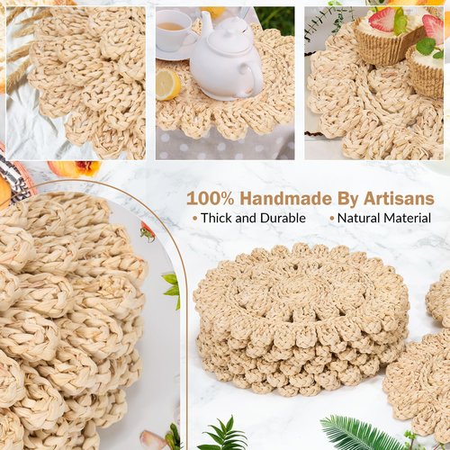 GENMOUS 13" Corn Husk Natural Braided Table Place Mats Set of 12,Boho Rattan Wicker Charger Plates for Home Farmhouse Wedding Thanksgiving Christmas Spring Holiday