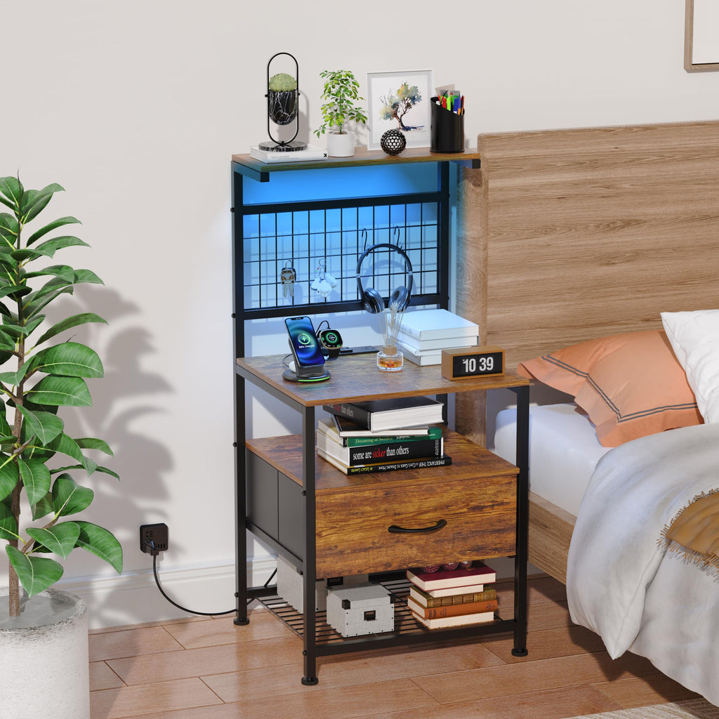 Aetheris Night Stand with Charging Station and LED Lights, End Table with Drawers and Storage Shelves, NightStand with Storage Shelf & Hooks, Night Stand for Bedroom, Rustic Brown