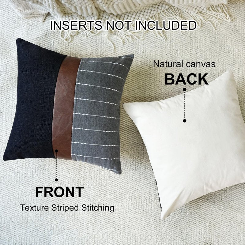 cygnus Decorative Pillow Covers 18x18,Black Linen and Striped Throw Pillow Covers with Dark Brown Faux Leather Accent,Boho Farmhouse Decor Square Cushion for Couch Sofa Livingroom,Gray