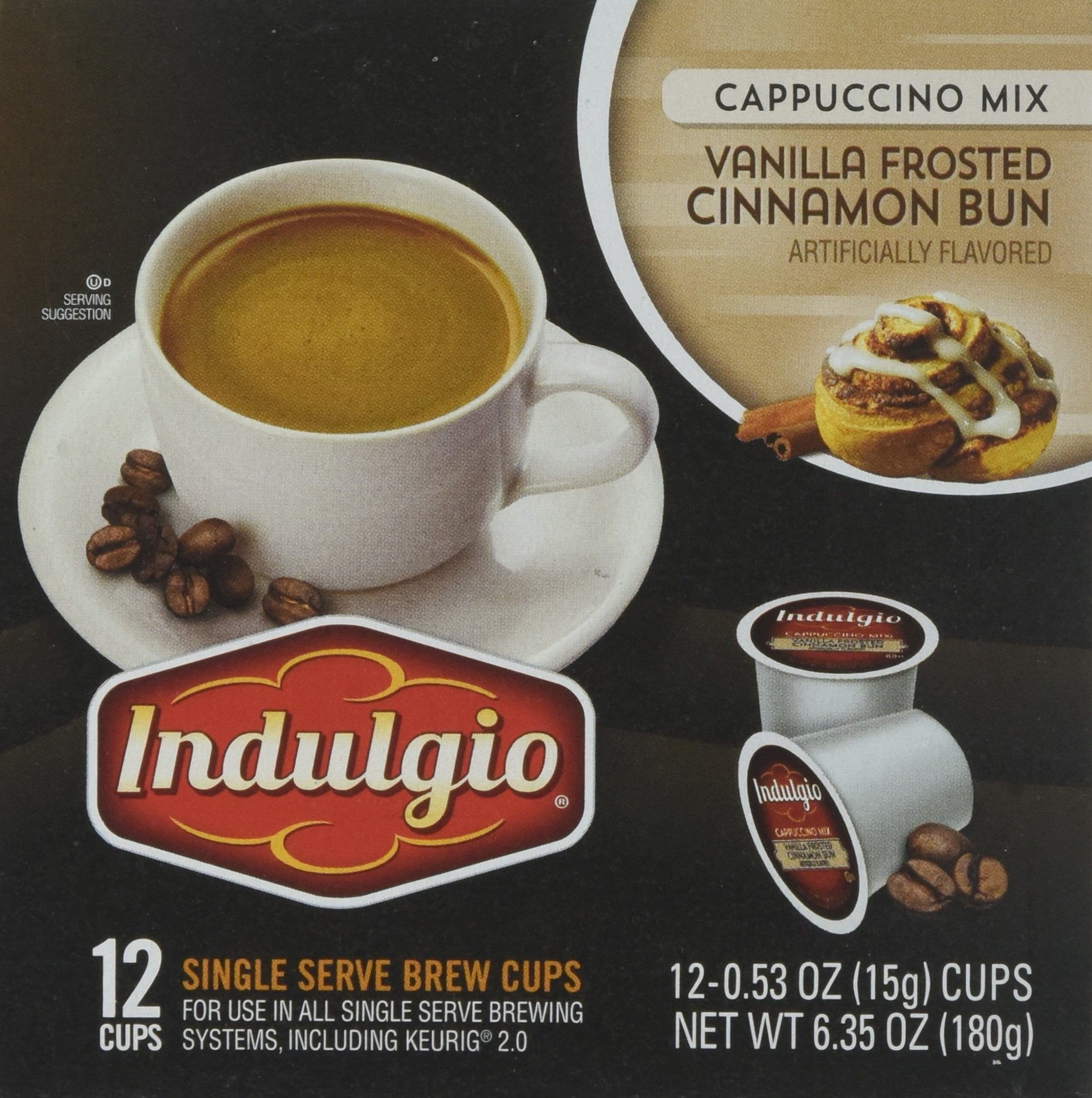 Indulgio Cappuccino Compatible with 2.0 Brewers, Vanilla Frosted Cinnamon Bun, 12 Count (Pack of 6)