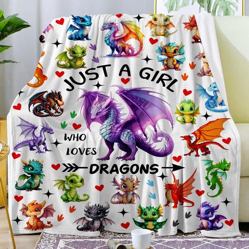 Dragon Blanket Merch Just A Girl Who Loves Dragons Blanket Soft Cozy Flannel Throw Blankets Room Decor Bedding Gifts for Girls Boys Kids Women Adults 50"x40"