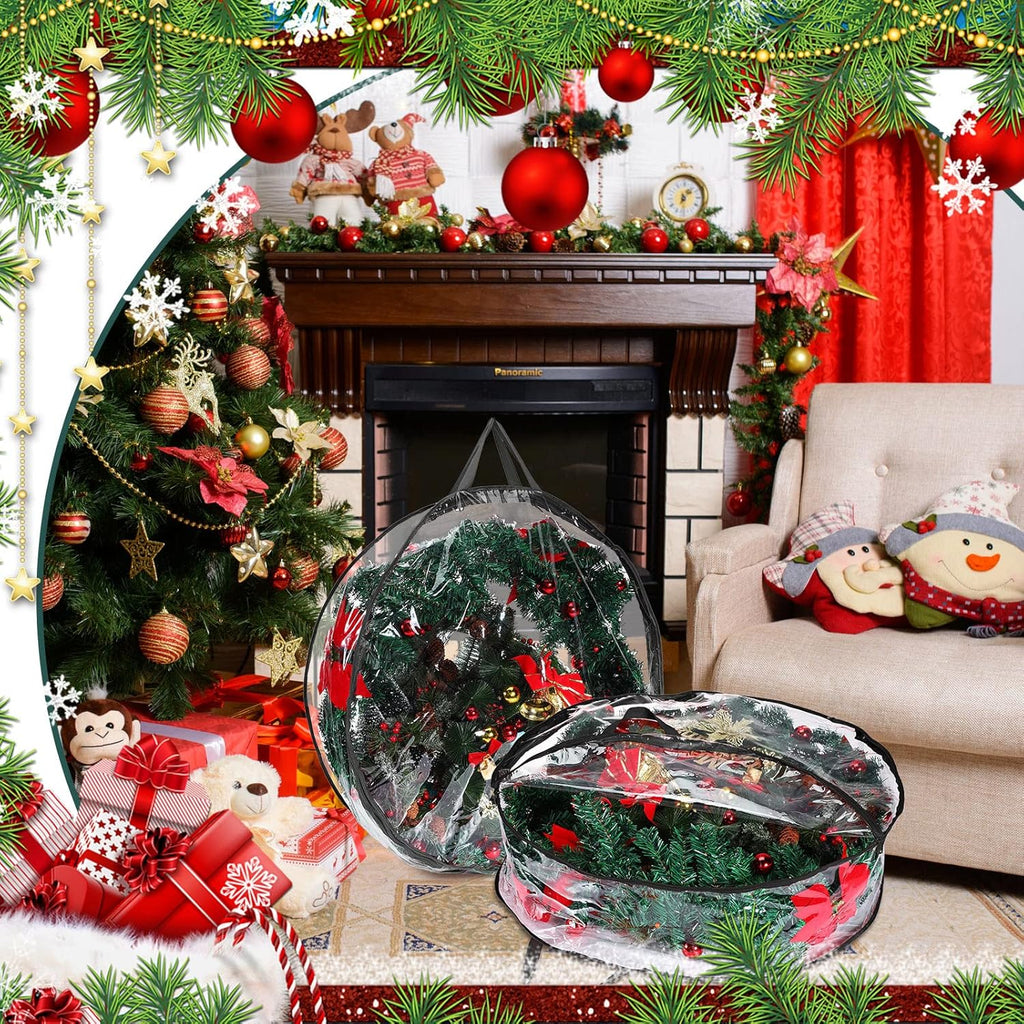 Shappy 24-Inch Clear Christmas Wreath Storage Bag - Durable Plastic with Dual Zippers & Reinforced Handles