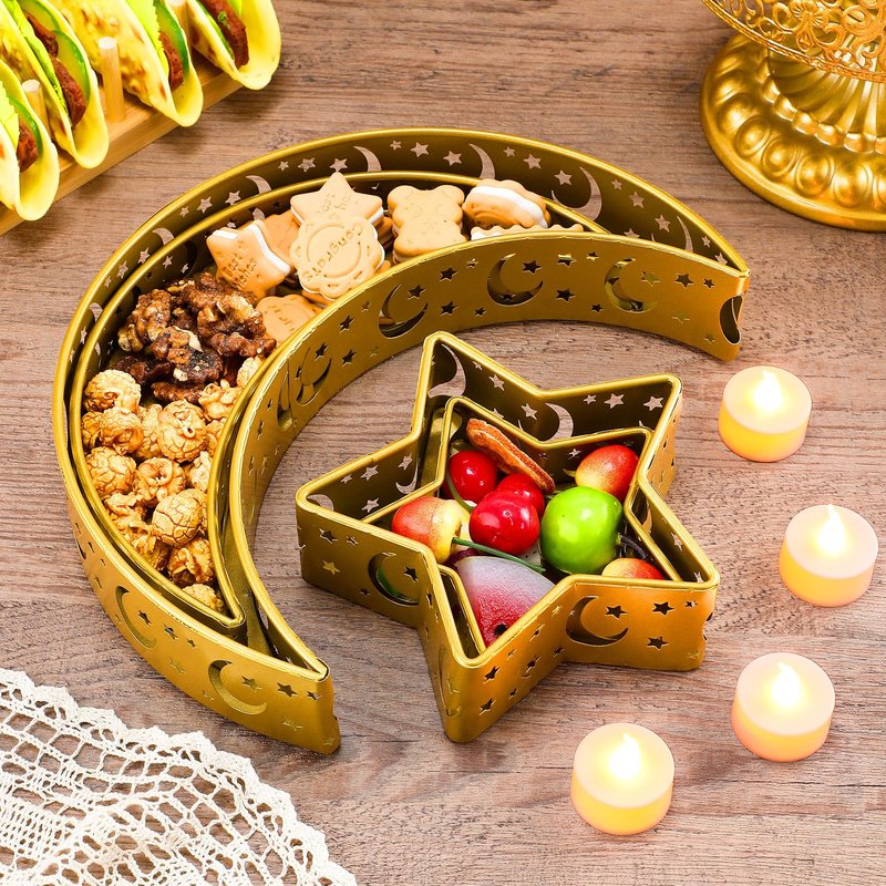 Seeloowy 4 Pcs Eid Mubarak Trays Decor Ramadan Moon Serving Trays Star Islam Muslim Food Serving Tray Iron Tray Decorations for Ramadan Islam Party Dessert Pastry Display Holder Decoration