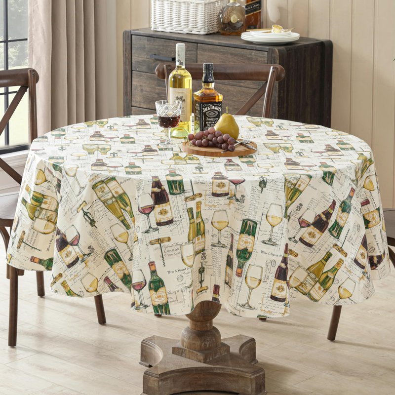 Newbridge Wine Tasting Vinyl Flannel Backed Tablecloth, French Wine Bottles and London Spirits Print, Easy Care Wipe Clean Indoor Outdoor Table Cover, 70 Inch Round