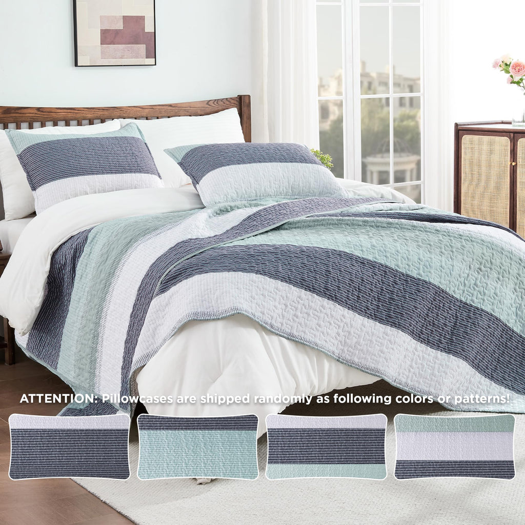Andency Stripe Quilt Set Cal King(104x112 Inch), 3 Pieces (1 Striped Quilt and 2 Pillowcases) Patchwork Bedspread Coverlet Set, Lightweight Soft Microfiber Quilted Bedding Set