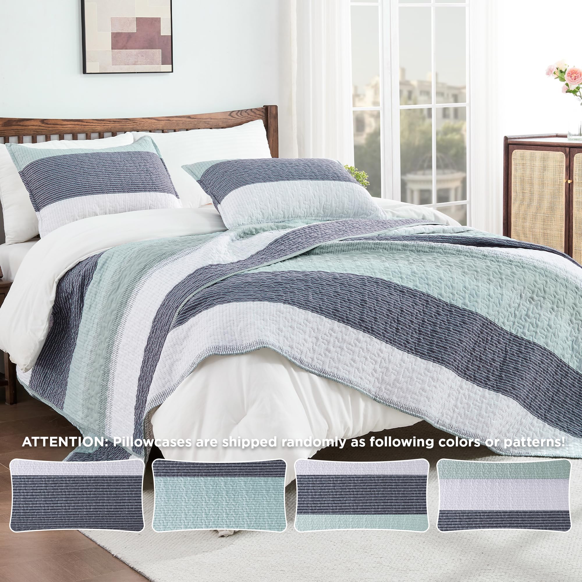 Andency Stripe Quilt Set Cal King(104x112 Inch), 3 Pieces (1 Striped Quilt and 2 Pillowcases) Patchwork Bedspread Coverlet Set, Lightweight Soft Microfiber Quilted Bedding Set