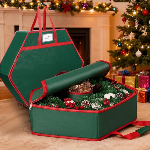 MUDEREK Christmas Wreath Storage Bag - 24" Durable Hard Shell Organizer with Pockets & Dual Zippers