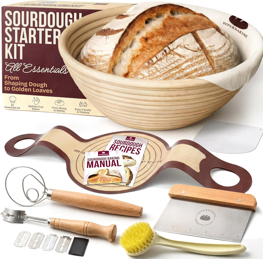 Superbaking Sourdough Starter Kit - 9" Round Banneton Bread Proofing Basket Set & Silicone Sling